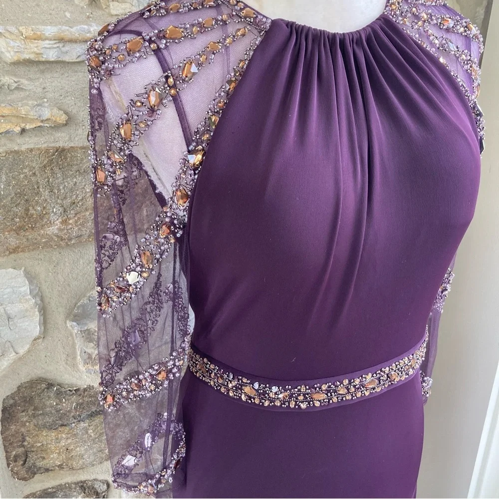 TERANI EVENING M1447 Embellished Beaded Jersey Sheer Sleeve Gown Womens 8 - Picture 5 of 16